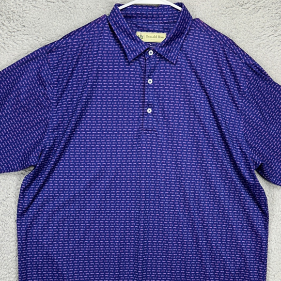 Donald Ross Golf Polo Shirt Adult XL Blue Pink Allover Fishbone Print Rugby Mens
